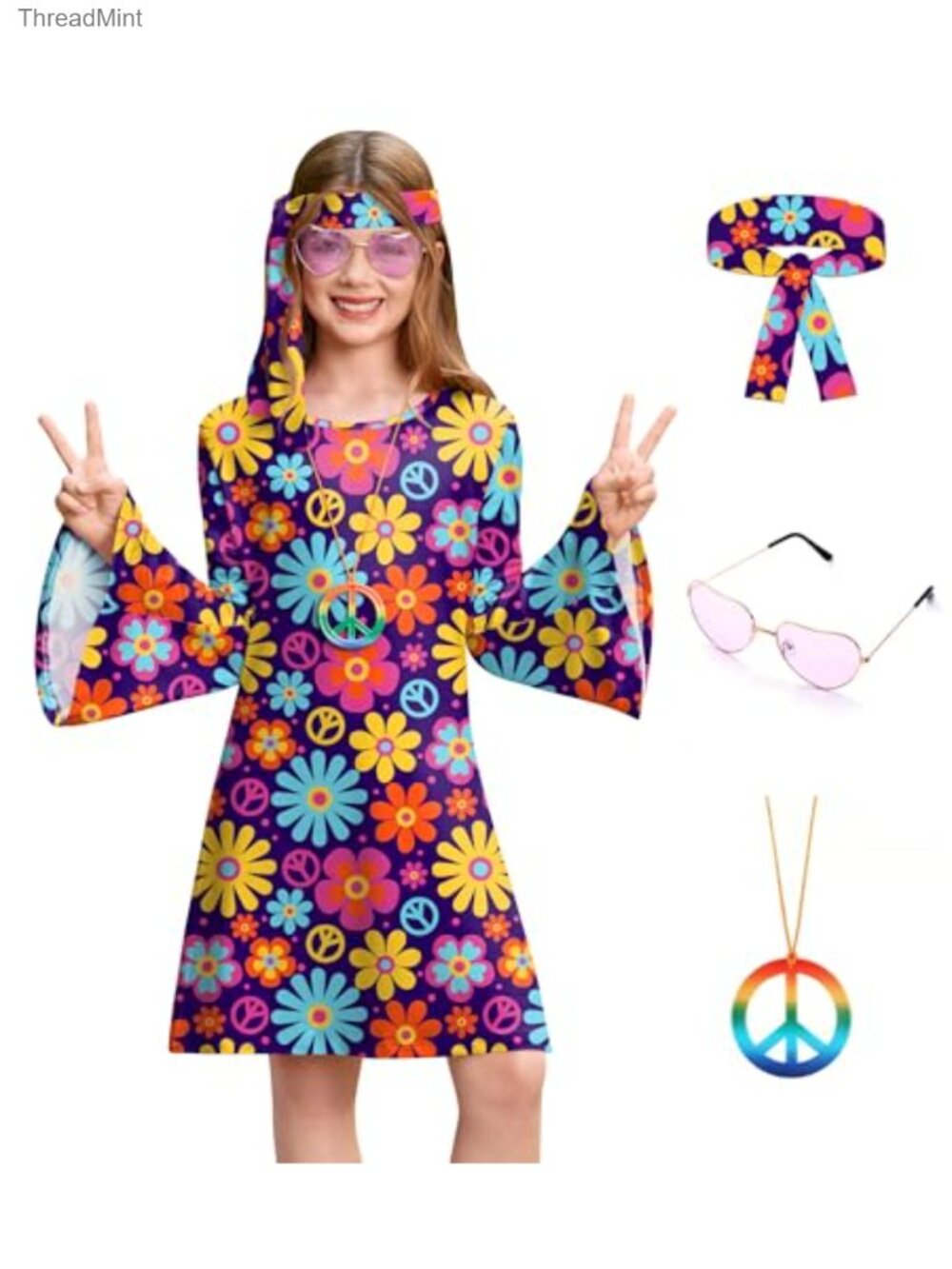 Girls Halloween Hippie Dress 4pc Set Bell Sleeve Floral Retro Costume